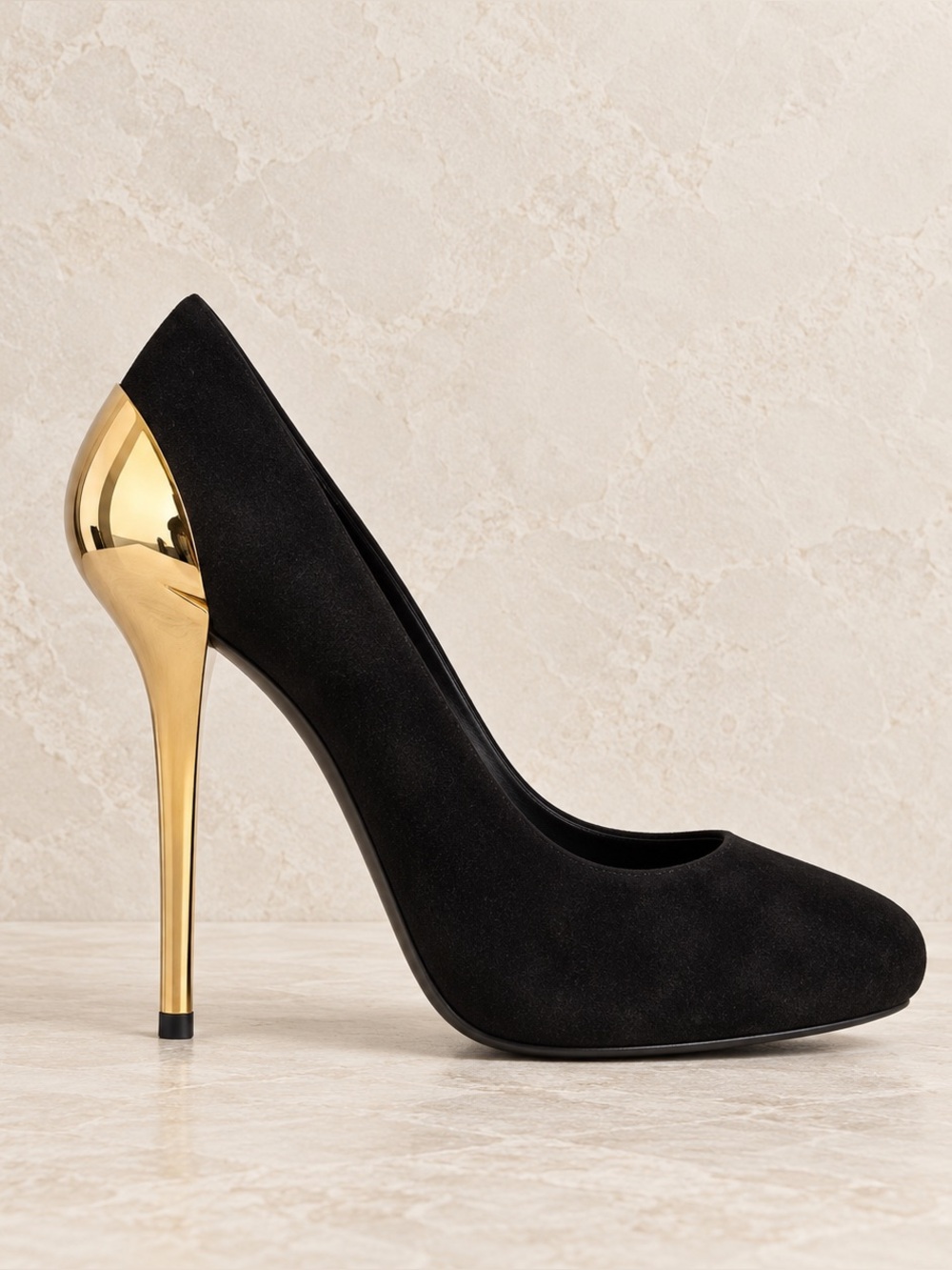 Giuseppe Zanotti Nana Black Suede Gold Heel Pumps | Size 6.5